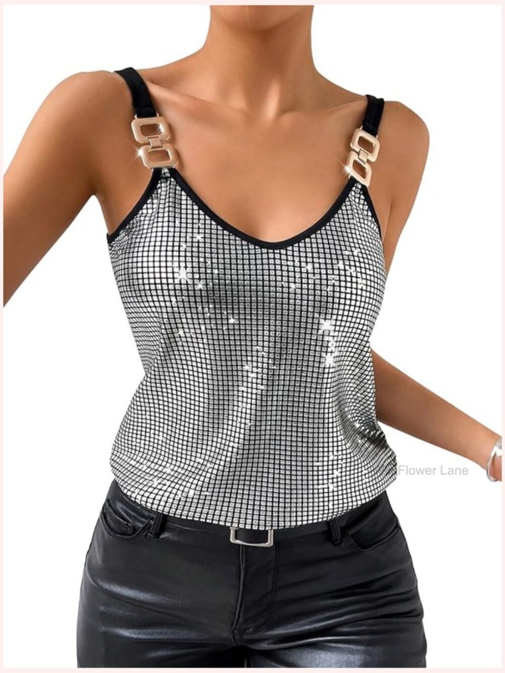 Sparkly V-Neck Cami Top Sleeveless Sequin Tank Party Club
